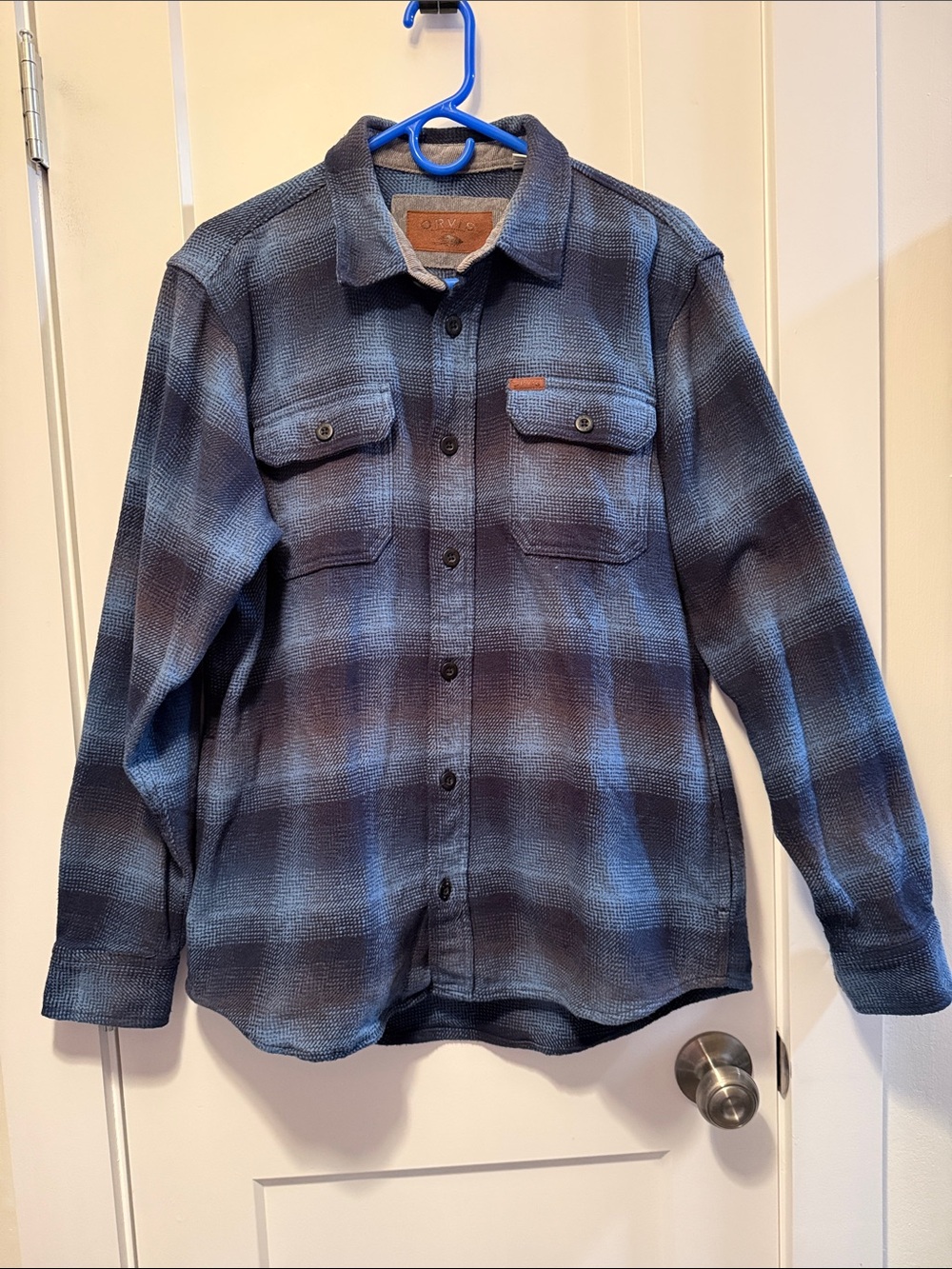 Orvis Men's Heavy Flannel Blue Plaid Shirt Jacket with Pockets
